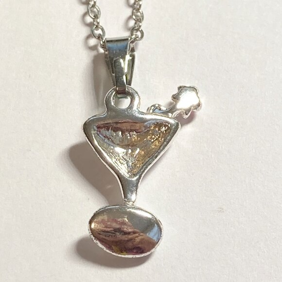 Martini Cocktail Drink Cup Glass Charm Necklace Pendant Aqua Enamel 18" Chain - Picture 6 of 9
